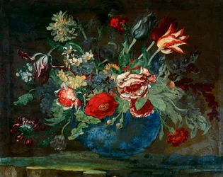 Becken aus chinesischem Porzellan mit einem Blumenstrauß